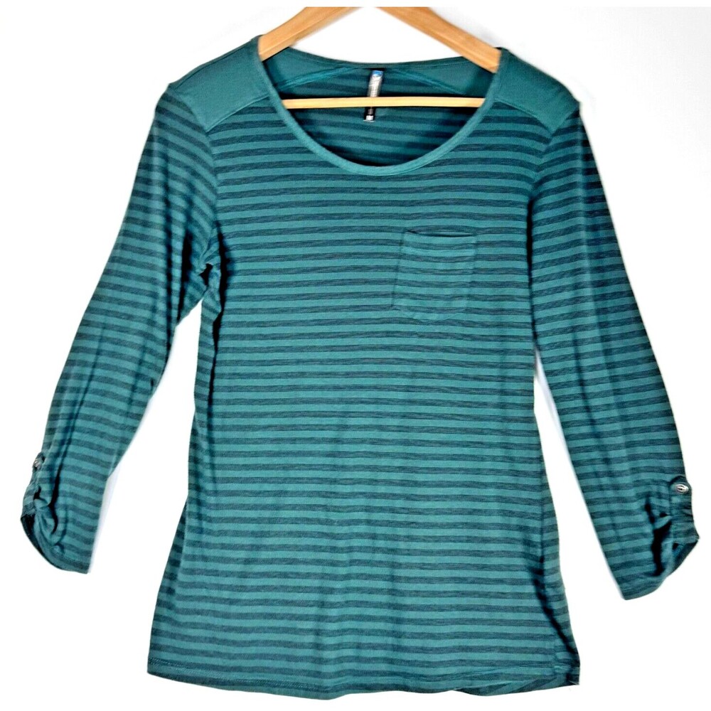 Kuhl‎ Top Womens Medium Green Striped Roll Tab Outdoor Casual Hiking Gorpcore